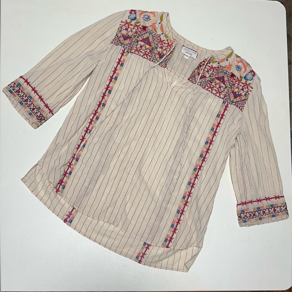 Johnny Was Chrysalis V-Neck Striped Cotton Blouse Embroidered Cream Medium EUC